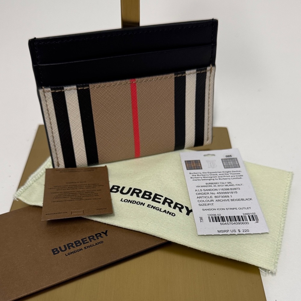 Burberry Sandon Archive Check Beige Card Holder Black Leather Coated Canvas NWT